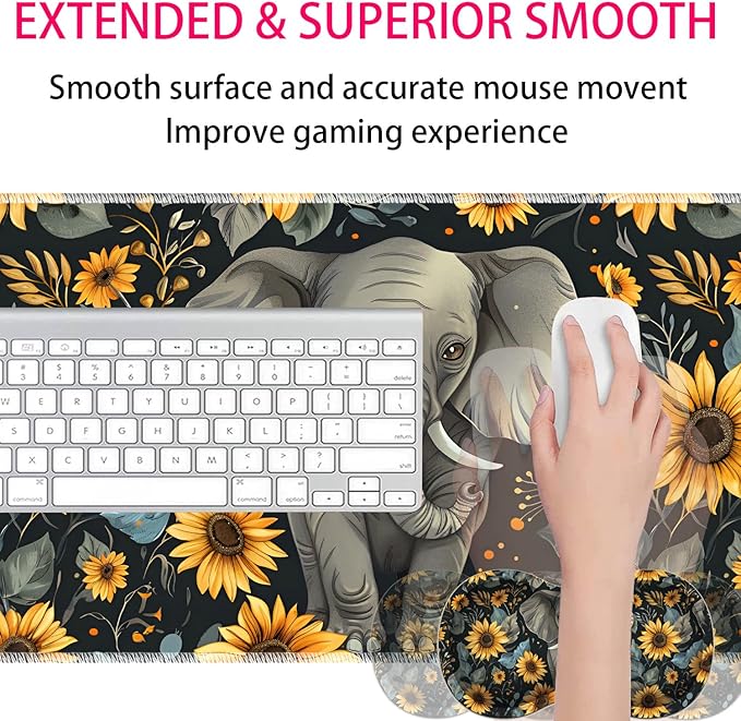 Large Gaming Mouse Pad + Mouse Wrist Rest Pad + Coaster Combination 31.5 x 11.8 Durable Non-Slip Extension Table Mat Suitable for Office and Home Baby Elephant and Sunflower