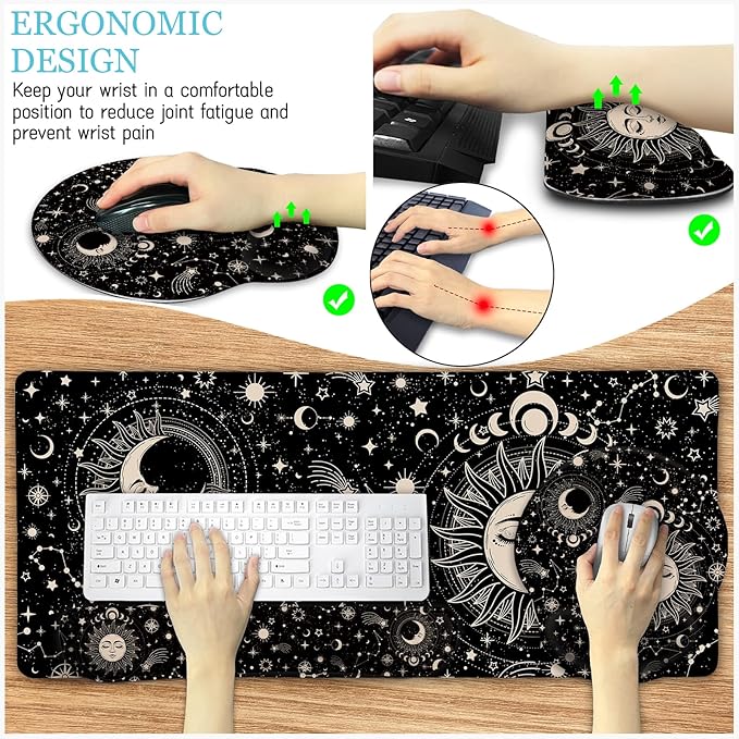 Sun Moon Mouse Pad Set Desk Mat Pad XXL Large Gaming Mouse Pad with Wrist Rest Ergonomic Mouse Pad Keyboard Wrist Rest Coaster Home Office Desk Accessories Decor Supplies Boho Abstract
