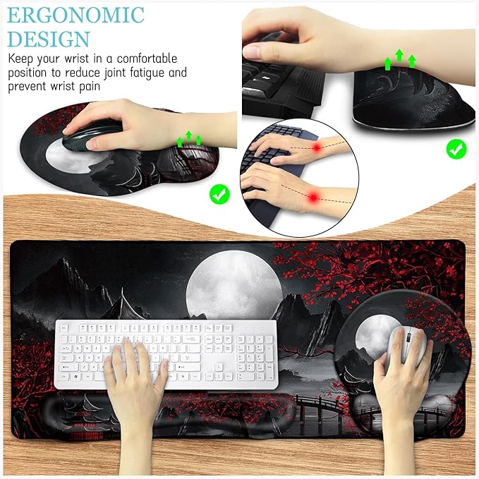 Japanese Mouse Pad Large Desk Mat Set XXL Anime Full Moon Ergonomic Mousepad with Wrist Rest Wrist Support Gaming Keyboard Mat Cup Coaster Set Japanese Style Office Desk Accessories