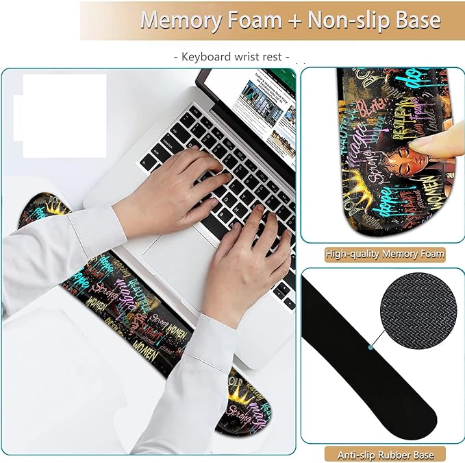 Keyboard Wrist Rest and Mouse Pad Wrist Support Set Ergonomic Gel Mouse Pad Wrist Rest with Non-Slip Base for Home Office Desk Pad African American Black Women Graffiti Girl Gaming Mouse Mat