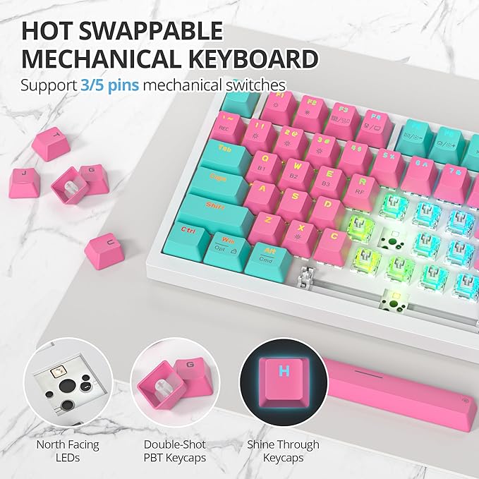 75% Wireless Creamy Mechanical Keyboard Hot Swappable Custom RGB Backlit Gasket Gaming 2.4G/BT5.0/USB-C Pink Mechanical Keyboard Pre-lubed Linear Gray Cream Switches