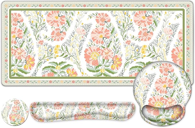 Desk Mat 4in1 Large Mouse Pad with Wrist Rest Cute Desk Matt for Desktop Deskpad Mat Anti-Slip XXL Computer Ergonomic Mousepad with Wrist Support for Keyboard and Mouse I Elegant Daisy Florals