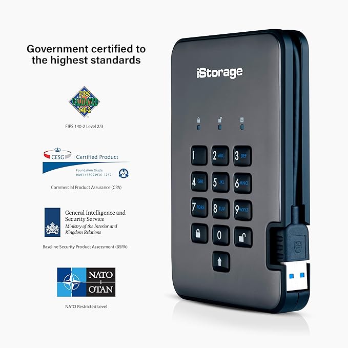 iStorage diskAshur PRO2 HDD 3TB | Secure Portable Hard Drive | FIPS Level 3 Certified | Password Protected | Dust/Water-Resistant | Hardware encryption