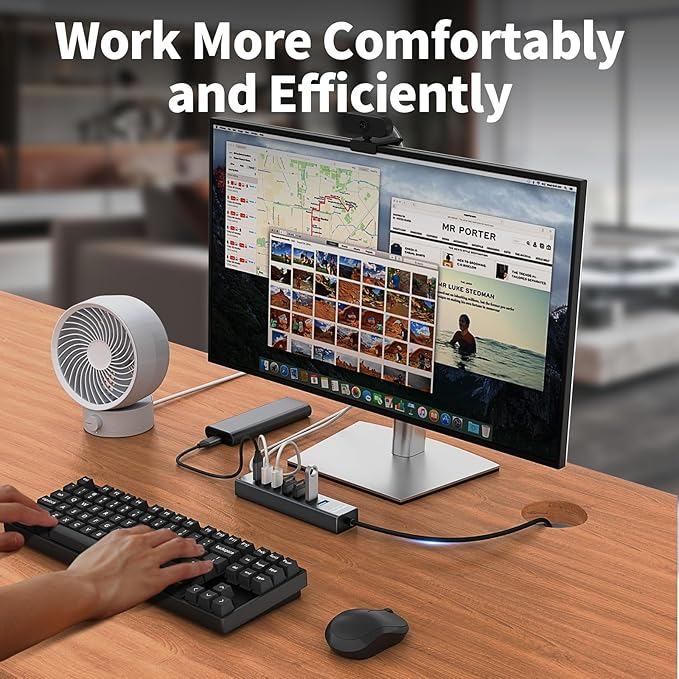4Ft 7-Port USB Hub 3.0 for Desktop 4 USB-A &amp 3 USB-C Ports Aluminium 5Gbps USB Extender Hub USB Splitter USB Hub Long Cable for Desktop PC Flash Drive Mobile HDD SSD Windows/XPS