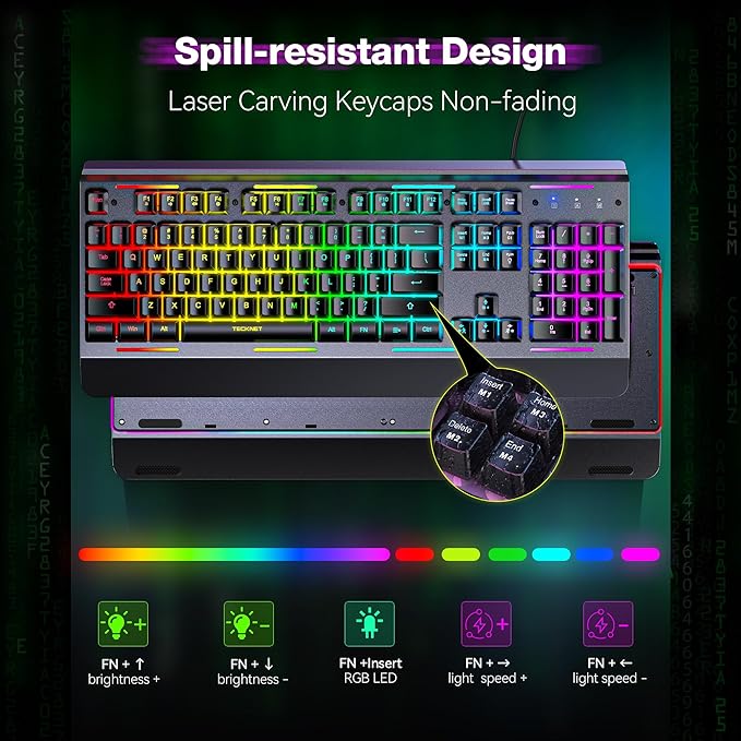 TECKNET Gaming Keyboard USB Wired Computer Keyboard 15-Zone RGB Illumination IP32 Water Resistance 25 Anti-ghosting Keys All-Metal Panel (Whisper Quiet Gaming Switch)