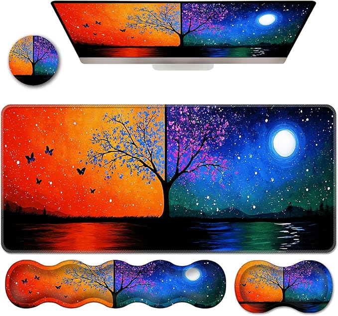 Ergonomic Keyboard Wrist Rest &amp Mouse Pad Wrist Rest SetXL Gaming Desk Mat 31.5x 11.8Non-Slip BaseMemory FoamEasy Typing Pain Relief for Office &amp HomeButterfly Tree
