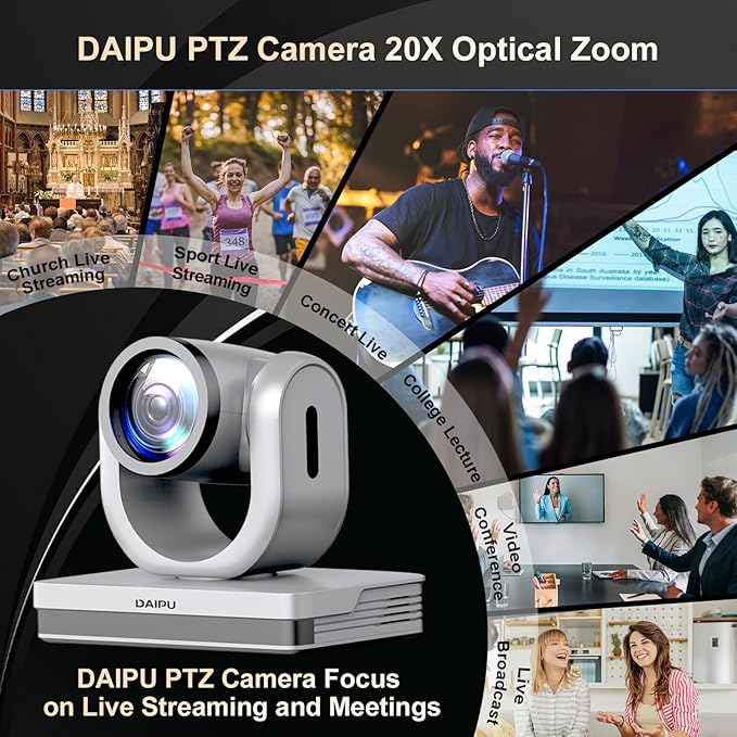 PTZ Camera 20X Optical Zoom 60fps HDMI USB SDI LAN PoE AI Auto Tracking PTZ Conference Camera for Church Live Streaming Video Conference Event Education Broadcast with Youtube Facebook Live Zoom