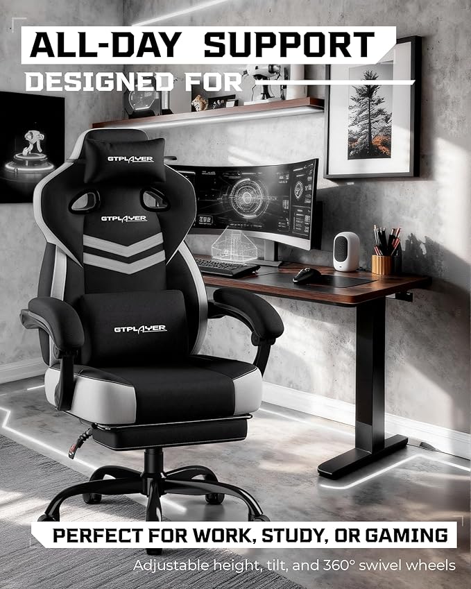 GTPLAYER Gaming Chair Computer Chair with Footrest and Lumbar Support for Adults 360°-Swivel Big &amp Tall Reclining Seat for Office or Gaming (Black&ampWhite)