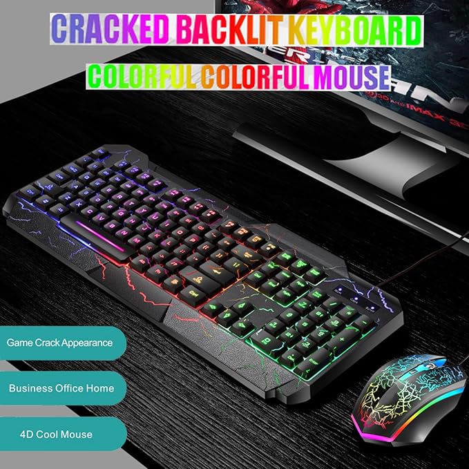 Wired Crack Rainbow Gaming Keyboard and Mouse Combo 104 Keys Light Up Mechanical Feeling Computer Keyboard Wired Gaming Keyboard and Mouse for PC MAC Xbox Gamer(Black)