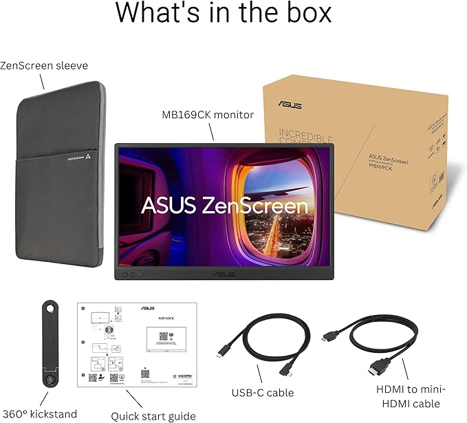 ASUS ZenScreen 16” Portable USB Monitor (MB169CK-P) - Full HD IPS Dual USB-C Eye Care Flicker Free Blue Light Filter Anti-Glare Surface 360° Kickstand 3 yr Warranty