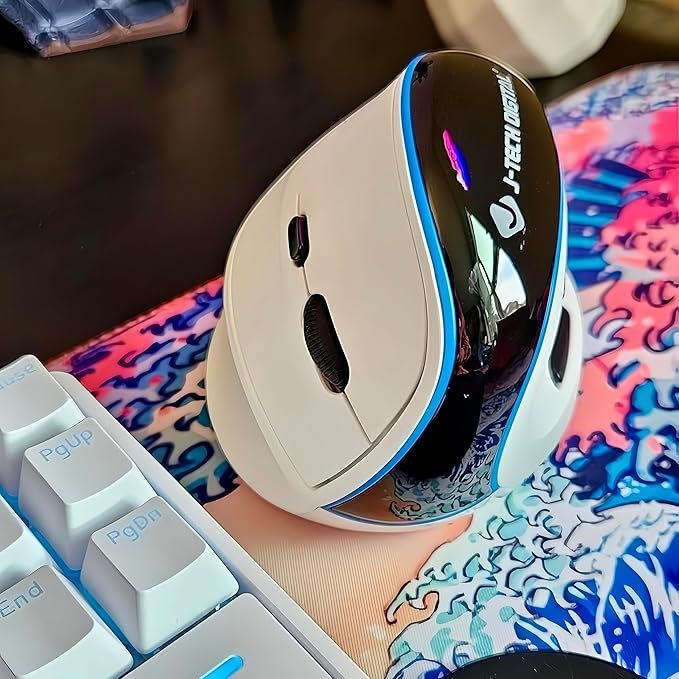 J-Tech Digital Vertical Ergonomic Wireless Mouse – Bluetooth Dual Mode + USB Dongle Rechargeable 2.4GHz Adjustable DPI 3200 for Laptop Desktop PC Mac [V638W]