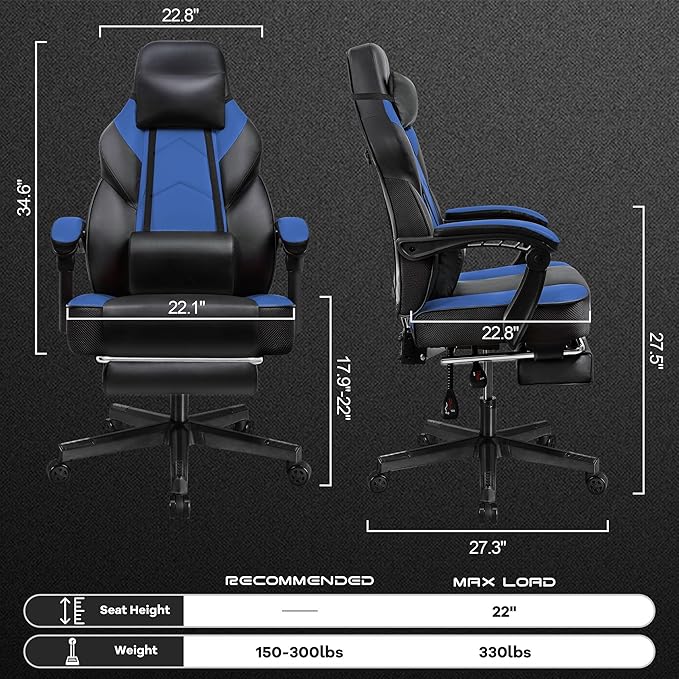 Gaming Chair with Footrest Video Game Chair for Adults Ergonomic Big and Tall Computer Chair with Massage Lumbar Height Adjustable 360° Swivel Seat and Headrest (Blue)