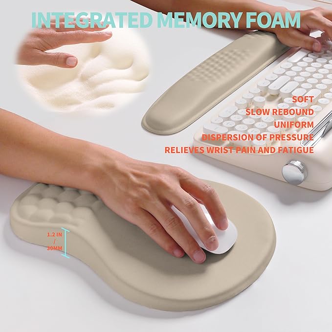 2-in-1 Ergonomic Set Wave Rise Keyboard Wrist Rest and Massage Bulge Slope Mouse Pad Wrist Support Cushion Memory Foam Integrated to Relieve Wrist Pain Apricot