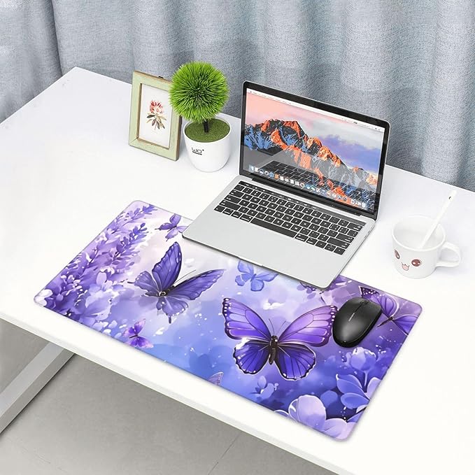 Purple Butterfly Desk Cover MatExtended Large Mouse PadComputer Laptop Mat Desk Decor for Office Game Home 30x16 Inch