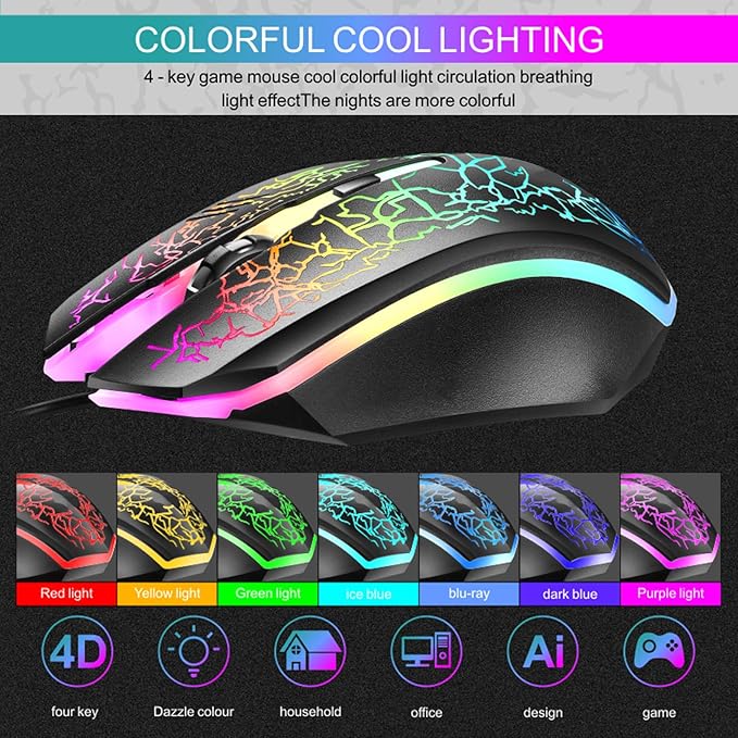 Wired Crack Rainbow Gaming Keyboard and Mouse Combo 104 Keys Light Up Mechanical Feeling Computer Keyboard Wired Gaming Keyboard and Mouse for PC MAC Xbox Gamer(Black)