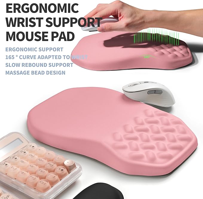 2-in-1 Ergonomic Set Wave Keyboard Wrist Rest and Massage Slope Mouse Pad Wrist Support Rebound Memory Foam for Relieve Carpal Tunnel Syndrome and Wrist Pain (Pink)