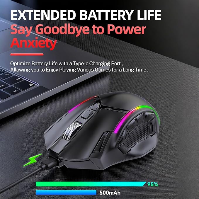 Wireless Gaming Mouse Tri-Mode 2.4G/Bluetooth/USB-C 24000 DPI 12 Programmable Buttons 500mAh Rechargeable Battery 7 RGB Lighting Modes On-Board Memory for Laptop/PC/Mac (Black)