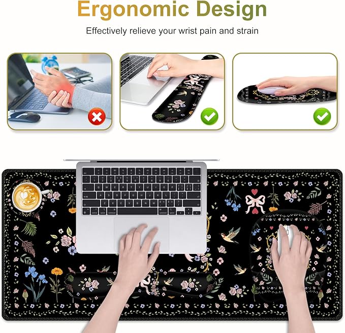 Mouse Pad with Wrist Support 4 in1 Set XXL Big Game Mousepad + Keyboard Wrist Rest + Mouse Wrist Rest Pad +Coaster Gaming Mat for Home Office Work Computer Laptop I Vintage Floral Romantic Bow
