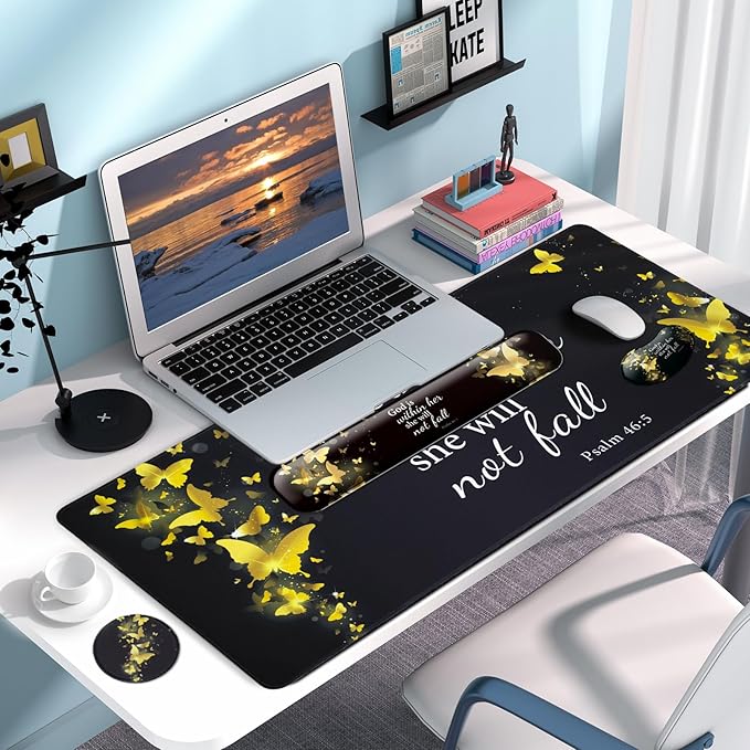Keyboard Wrist Rest + Mouse Pad with Wrist Support + Desk Mat + Coaster 4 in 1 SetDesk Matt for DesktopCute Large Gaming Ergonomic Mousepad for Computer Laptop Office Home Decor-Gold Butterfly