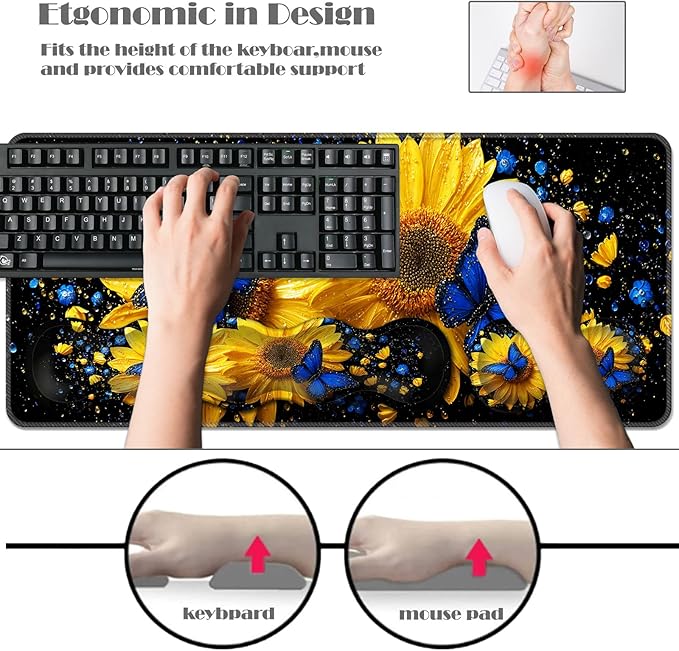 Ergonomic Keyboard Wrist Rest &amp Mouse Pad Wrist Rest SetXL Gaming Desk Mat 31.5x 11.8Non-Slip BaseMemory FoamEasy Typing Pain Relief for Office &amp HomeSunflowers Blue Butterflies