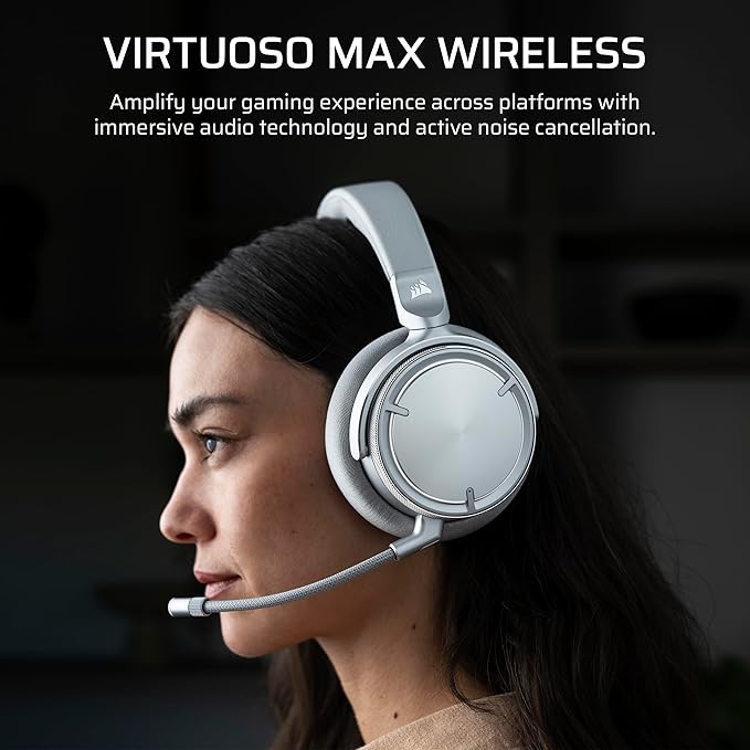 Corsair Virtuoso MAX Wireless Gaming Headset – Dolby Atmos Active Noise Cancelling Sonarworks SoundID Simultaneous 2.4GHz Wireless &amp Bluetooth 50mm Graphene Drivers PC Mac PS5/PS4 – Silver