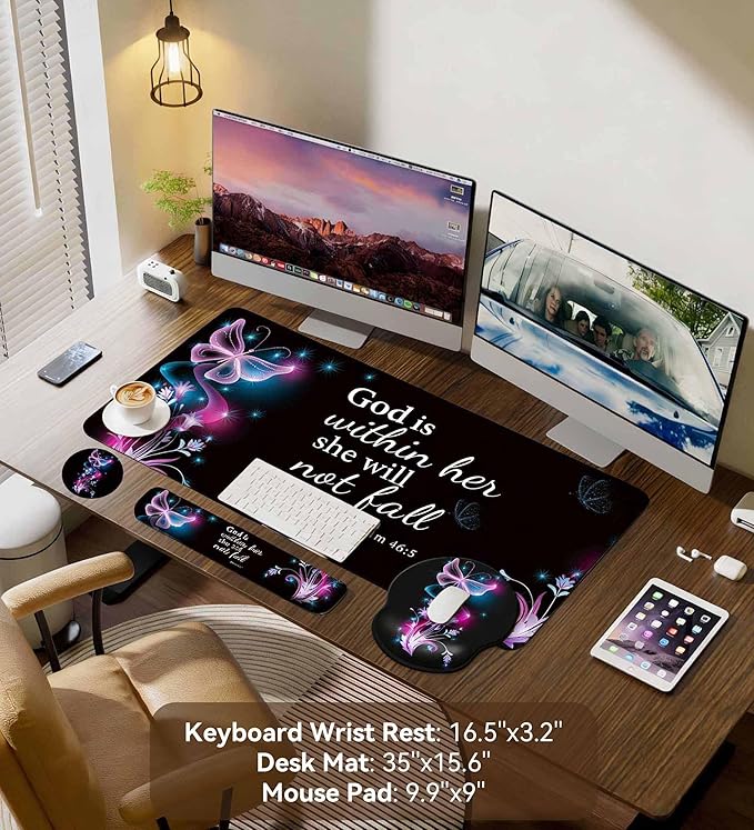 Desk Mat Set + Keyboard and Mouse Pad with Wrist Rest Support4-in-1 Large Mousepad Computer Mats for Desktop Home &amp Office-Purple Butterflies