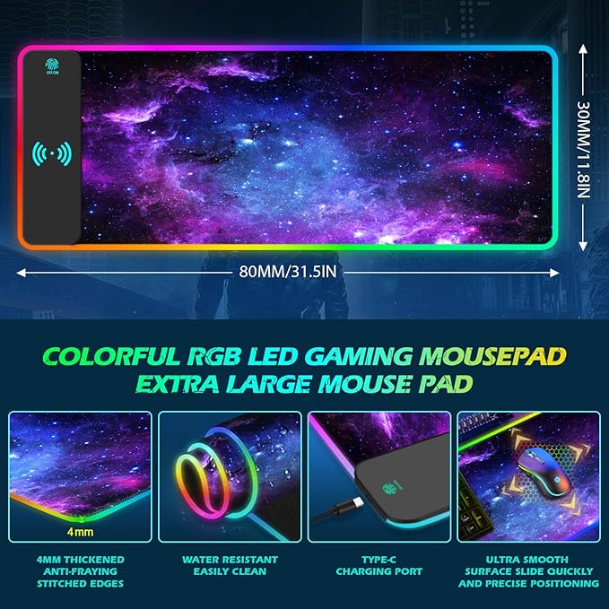 ToLuLu RGB Gaming Wireless Charging Mouse Pad 7.5/10/15W 10 Light Modes LED Mouse Pad Computer Keyboard Mat Mousepad 800x300x4MM Extended Large Desk Mat for MacBook Laptop PC Purple Galaxy Space