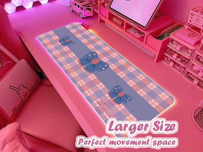 JMIYAV Pink Bow RGB Gaming Mouse Pad 31.5x12In PC XL Large Extended Glowing Led Light Up Desk Pad Non-Slip Rubber Base Computer Cute Mousepad Mat Desk Accessories Gaming Setup 49-9894