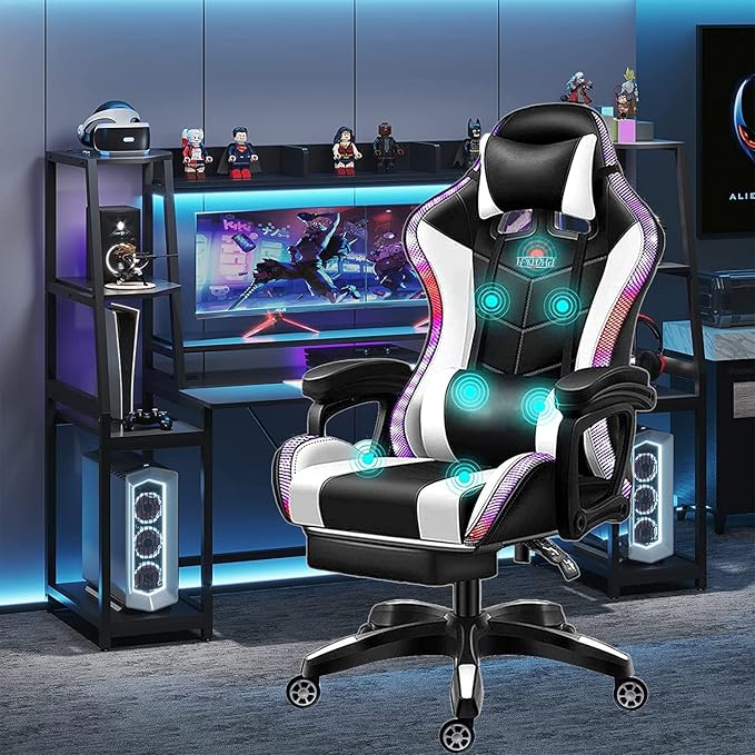 XOOFMASS Gaming Chair with Speakers Video Game Chair with RGB Light Ergonomic Massage Office Chair PU Leather Recliner Computer Chair E-Sports Chair with Headrest Armrest Lumbar SupportWhite