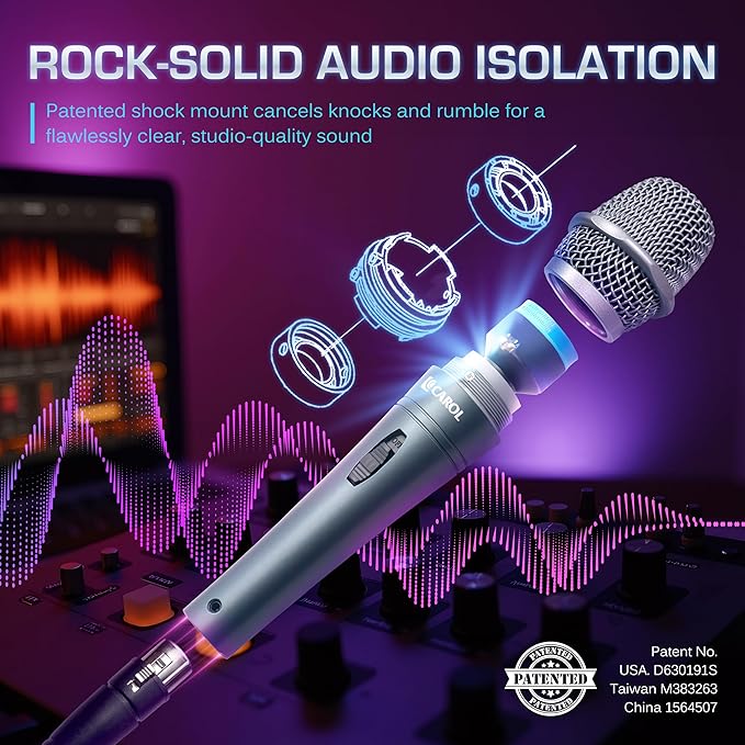 CAROL E dur-916S Silver XLR Wired Vocal Microphone for Singing – Dynamic Supercardioid Mic with Dual Shock Mount System for Karaoke &amp Public Speaking Includes Mic Clip 14.8ft XLR Cable &amp Swi