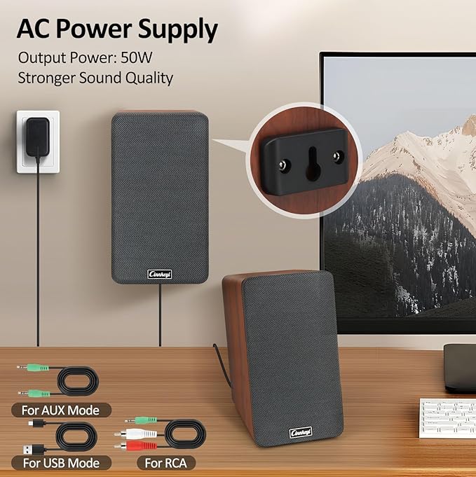 50W Wooden Bookshelf Speakers Passive 2.0 Computer SpeakersPC Speaker Bluetooth/RCA/AUX（3.5mm）/USB Inputs TV Speakers for TV/PC/Laptop/Turntable Strong Bass TV/Turntable Speaker