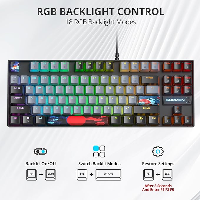 75% Mechanical Gaming Keyboard with Red Switch RGB LED Backlit Keyboard Grey 87 Keys Compact TKL Wired Computer Keyboard for Windows Laptop PC Gamer (87 Dolch)