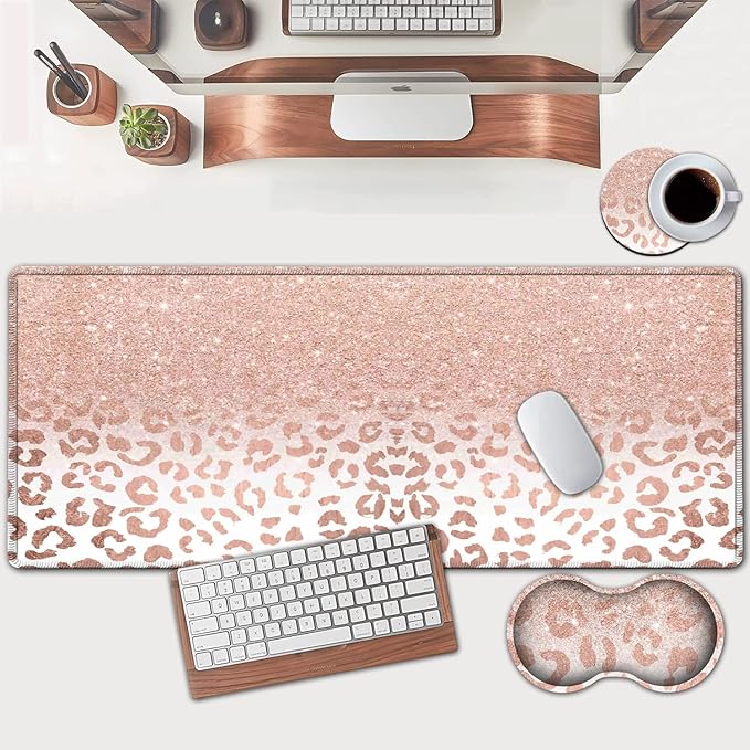 JVGFYNKL Pink Large Mouse Pad Extended Office Desk Pad 31.5x11.8in Ergonomic Memory Foam Mouse Wrist Rest Support for Home Office Computer Writing Pad Pink Leopard XXL Gaming Mouse Mat