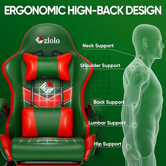 Gaming Chair Lumbar Support Massage Computer Chair High Back Gamer Chair with Footrest and Headrest Lumbar Pillow Recline Wide Seat Gaming Chairs for Christmas/Birthday Gifts Green