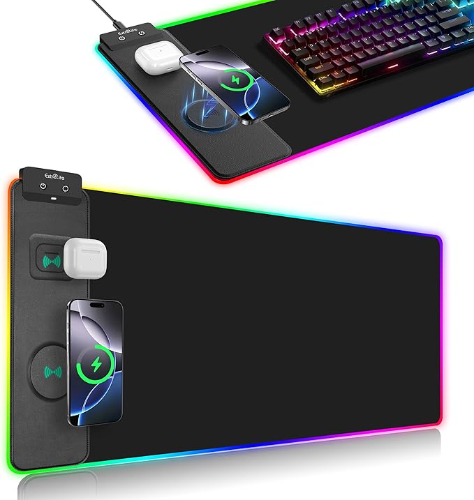 ExtreLife Wireless Charging Mouse Pad RGB Gaming Mousepad 31.5x11.8 Extra Large Desk Mat 13 Light Modes Ultra-Smooth Surface Non-Slip Base Waterproof Computer Keyboard Pad for Laptop Black