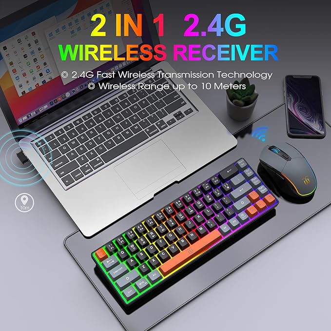 Snpurdiri 60% Wireless Gaming Keyboard and Mouse ComboRainbow Backlit Rechargeable 2000mAh BatteryMini Mechanical Feel Keyboard + Popular RGB Mice for GamingBusiness Office(Gray-Black-Orange)