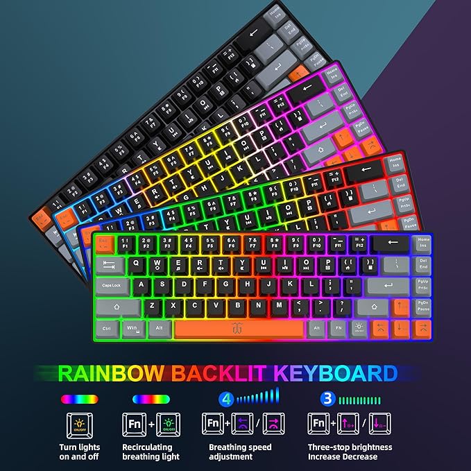 Snpurdiri 60% Wireless Gaming Keyboard and Mouse ComboRainbow Backlit Rechargeable 2000mAh BatteryMini Mechanical Feel Keyboard + Popular RGB Mice for GamingBusiness Office(Gray-Black-Orange)