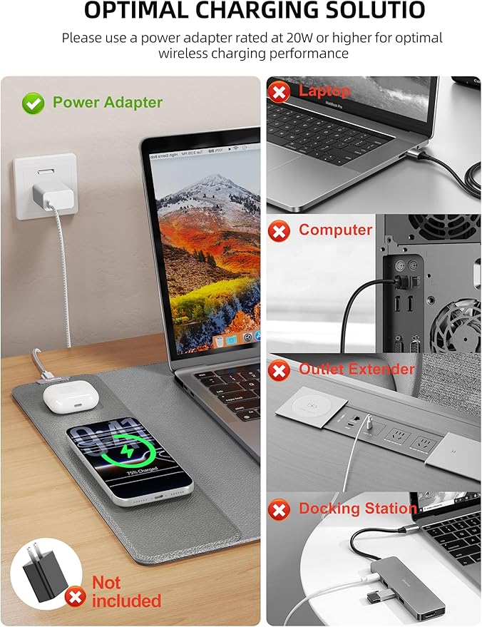 TopMade Mouse Pad with 15W Wireless Charging XXL Large Leather Desk Mat Waterproof Gaming Mousepad Home Office Desk Pad Protector Computer Keyboard Pad Mouse Mat for MacBook PC Laptop Gray