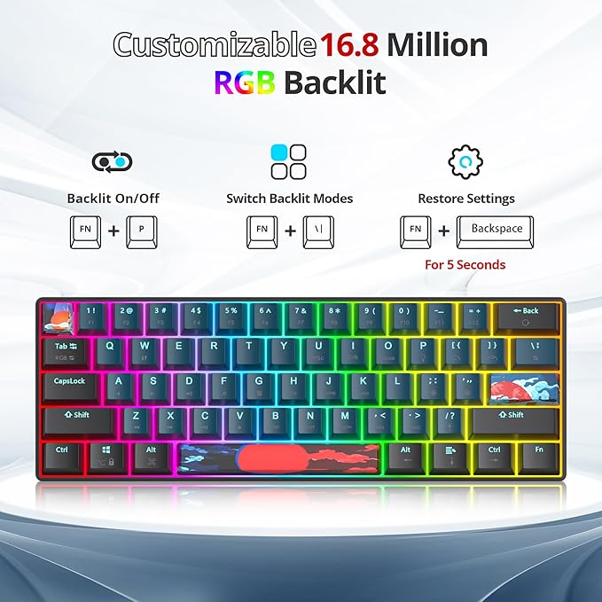 60% Mechanical Gaming Keyboard - RGB Red Switch Wired Compact 61 Keys for Windows PS4/5 Xbox