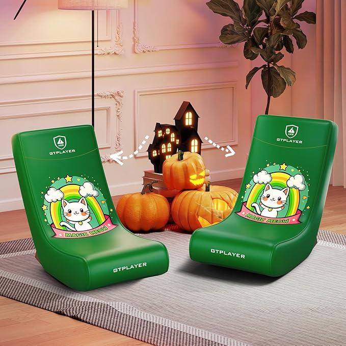 GTPLAYER Gaming Floor Rocking Chair – Rocker Floor Game Chair with Angle Limiter Stylish Patterned Design Comfortable Video Game Seat Green Cat Pattern