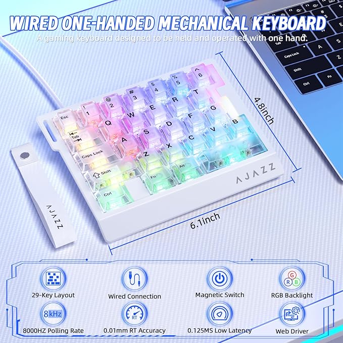 AK029 Wired 29 Keys One-Handed RGB Gaming Keyboard with 8000HZ0.01mm RT Magnetic Switches Adjustable ActuationHotswappable Mechanical KeyboardAluminum PlateWeb Driver for Gamers-Transparent White
