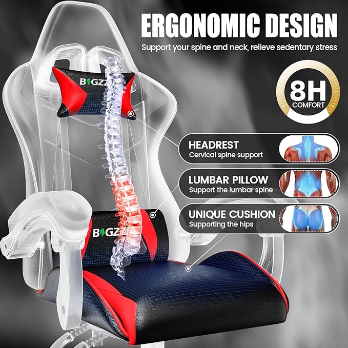 Bigzzia Gaming Chair Ergonomic Video Game Chairs with Pillow and Lumbar Support Racing Style Height Adjustable Computer Chair with 360°-Swivel Seat for Adults and Teens