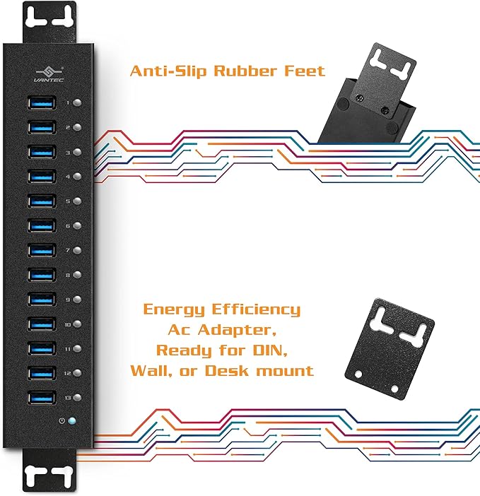 13-Port USB 3.0 Aluminum Hub (All Data/Charging BC 1.2) 12V/5A Premium Power Adapter (UGT-AH131U3-BK)