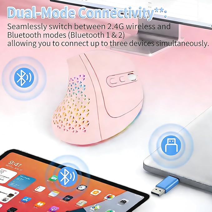 Bluetooth Wireless Dual-Mode Vertical Mouse - Silent Click Ergonomic Comfort for Office &amp Home Use Rechargeable with LED Breathing Light Compatible with Multiple Devices (Pink)