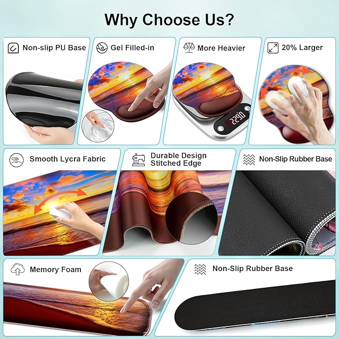 Mouse Pad + Desk Mat + Keyboard Wrist Rest + Coaster 4 in 1 Set Cute Ergonomic Large Gaming Mousepad with Wrist Rest Support Desk Pad for Computer Laptop Office Home Decor-Sunset Beach