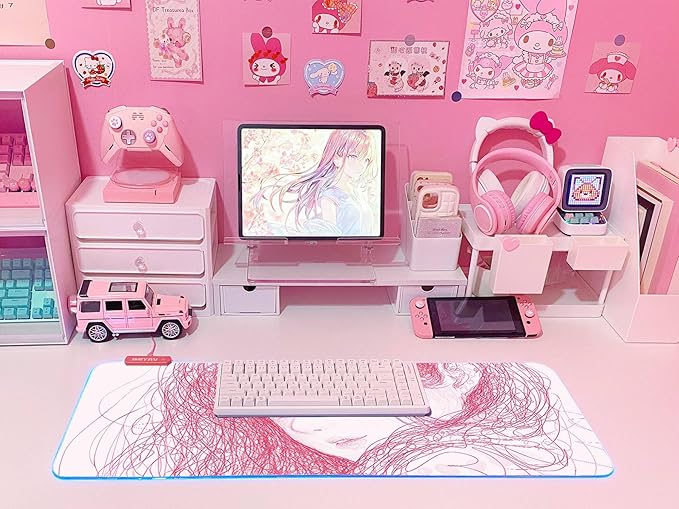 JMIYAV Pink RGB Gaming Mouse Pad 31.5x12 Inch PC XL Large Extended Glowing Led Light Up Desk Pad Non-Slip Rubber Base Computer Cute Mousepad Mat Desk Accessories Gaming Setup 39-9671
