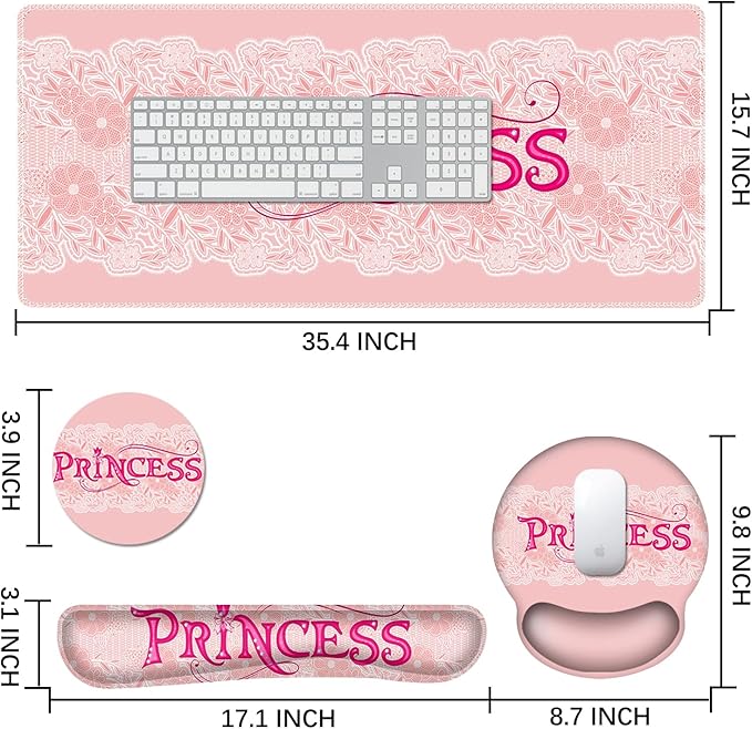 DINKY Pink Mouse Pad with Wrist Rest Desk Pad for Keyboard and Mouse Ergonomic Mousepad Set Keyboard Wrist Rest with Coaster Desk Mat Combo for Office Home Pink Princess