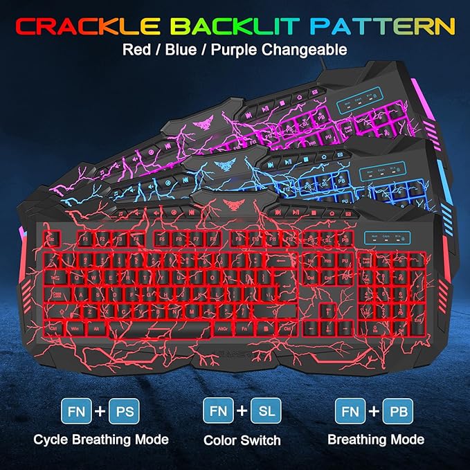 BlueFinger Gaming Keyboard Mouse Headset Combo USB Wired Crack Backlit114 Keys Letters Glow LED Keyboard Red LED Light Headset for Laptop PC Computer Work and Game