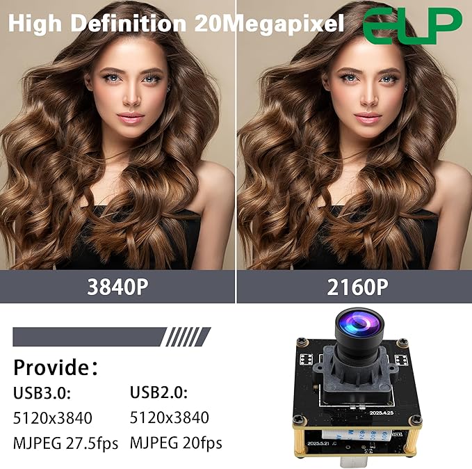 ELP Ultra HD 20MP USB3.0 Camera Module for Computer Mini UVC 3840P USB3.0/2.0 Lightburn Cameras for Windows Linux Mac Pi Wide Angle 95°(H) AR2020 4K 30FPS Webcam Board for PC Laptop Jetson Nano