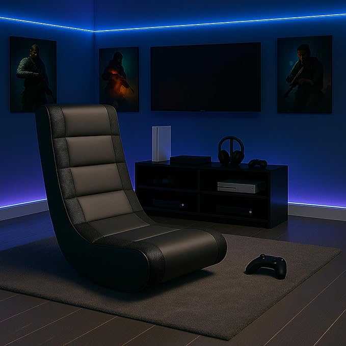 The Crew Furniture Classic Video Rocker Gaming Chair for Kids and Teens PU Faux Leather &amp Polyester Mesh Black/Black